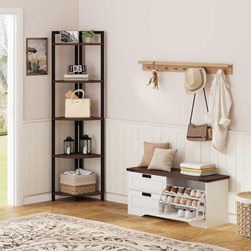 FATORRI Rustic Tall Corner Shelf, 5 Tier Industrial Corner Bookshelf for Living Room, Dark Wood and Metal Corner Plant Stand for Home Office (Walnut Brown)