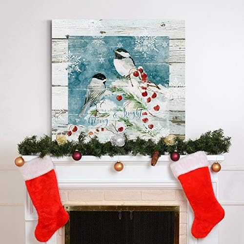 Renditions Gallery Christmas Abstract Wall Art Bright Merry Chickadees on White Snowed Cherry Trees Canvas Hanging Artwork Prints for Bedroom Office Home Kitchen - 40"X40" LT05