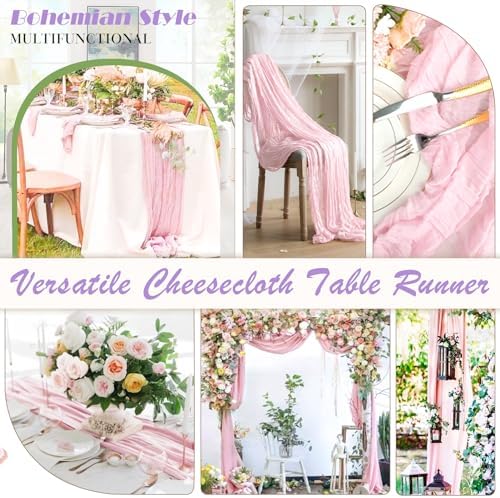 Pink Cheesecloth Table Runner 2 Pack 35" Boho Gauze Runner 120 inches Long Runner Rustic Sheer Fabric Bulk for Boho Baby Shower Wedding Bridal Birthday Party Table Decorations