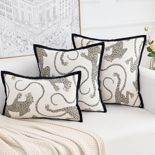 Premium Series, Snow Leopard Throw Pillow Covers, Animal Jacquard Cushion Cases for Home Decor, Chenille Velvet Double-Sided Designs, Cream White, 18 x 18 inch, Covers Only