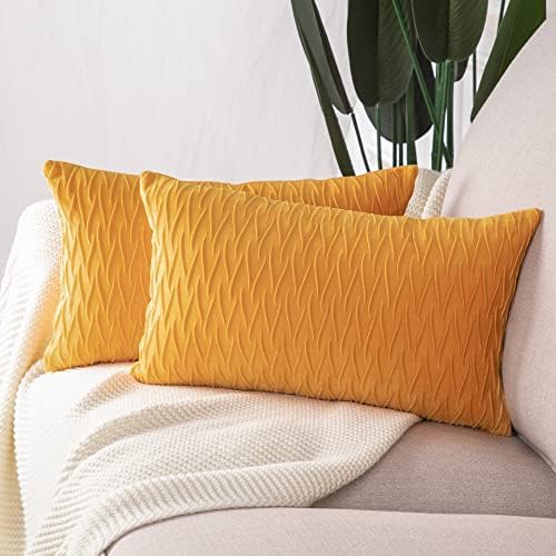 MADIZZ Set of 2 Super Soft Velvet Decorative Throw Pillow Covers 12x20 inch Yellow Rectangular with Texture Luxury Style Cushion Case Pillow Shell for Sofa Bedroom