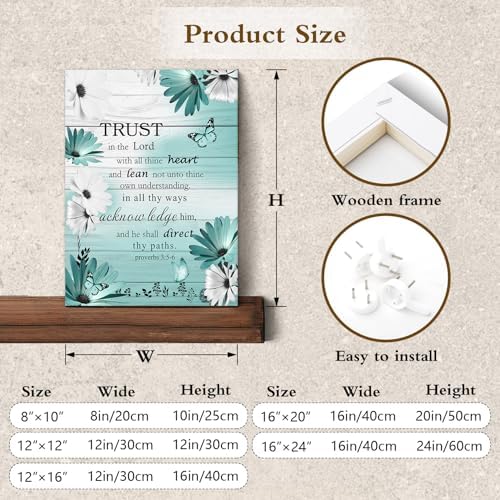 LB Farmhouse Teal Blue Floral Wall Art for Bathroom Bible Verse Canvas Wall Art Wall Paintings Home Decor Daisy Flower Butterfly Wall Pictures for Living Room Bedroom Office Ready To Hang,12x16 Inch