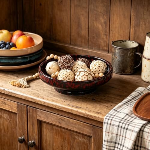 Ceramic Fruit Bowl for Kitchen Counter,Decorative Pedestal Bowl for Table Countertop,Japanese Stye Large Footed Serving Bowl,10.2 Inch (Red)