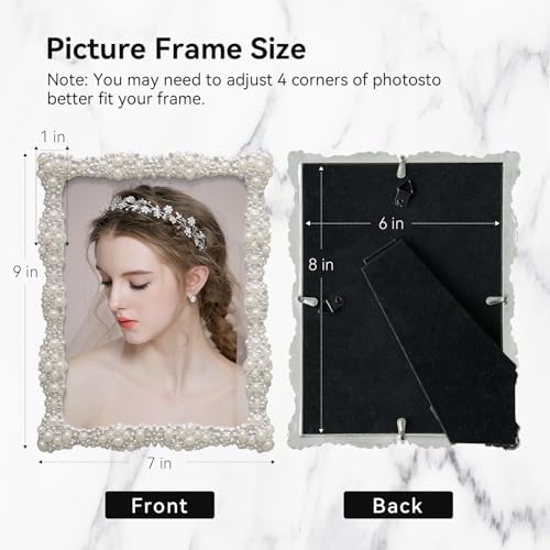 DIKAR 6x8 Picture Frame with Pearl for Wedding, Silver Plated with HD Acylic Finish Photo Frames with Rhinestones for Horizontal and Vertical Decor Tabletop Display