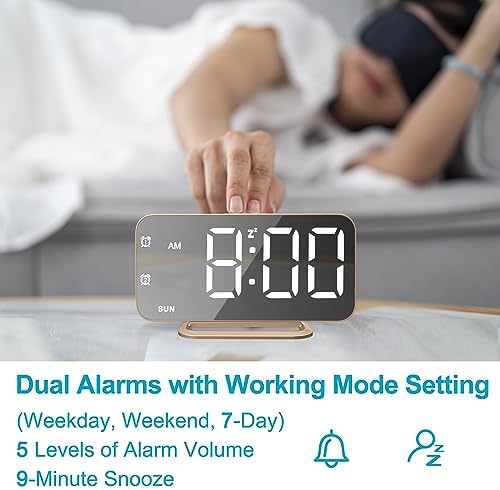 Slim LED Digital Alarm Clock, Mirror Surface for Makeup, with Diming, Large Display, Easy Setting, USB Ports, Modern Decor for Bedroom, Desk, Christmas, Birthday Idea Gift for Women, Sister, Mom, Pink