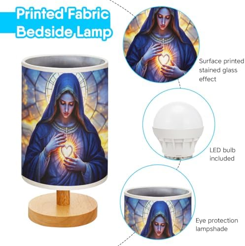 Our Lady of Sorrows Table Lamp LED 3-Color Pressed Bedside, Our Lady of Sorrows Shade Lamp with Wood Base for Bedroom Living Room Desk Office TL01