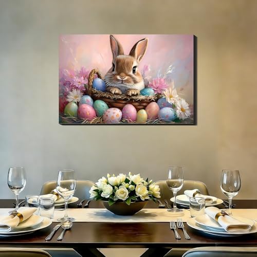 Oversize Vivid Easter Bunny Eggs Framed Canvas Wall Art for Bedroom, Colorful Easter Canvas Prints Pictures Wall Decor for Home, Kitchen, Office, Bar Artistic Wall Decorations