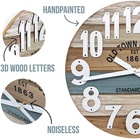 18" Wooden Multi-Color Maritime Coastal Beach Large Number Wall Clock (Blue, 18 inch)
