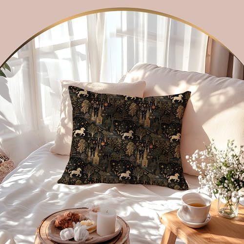 Medieval Dark Gothic Forest Pillow Cover 18x18 Double-Sided, Witchy Boho Celestial Whimsical Forest Horse Castle Decorative Throw Pillow Cover for Home Bedroom Room