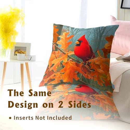 Fall Cardinal Throw Pillow Covers 20x20 Inch Set of 2 Red Bird Maple Leaves Decorative Pillowcase Autumn Foreset Landscape Seasonal Cushion Cover for Home Bedroom Sofa Chair Decor