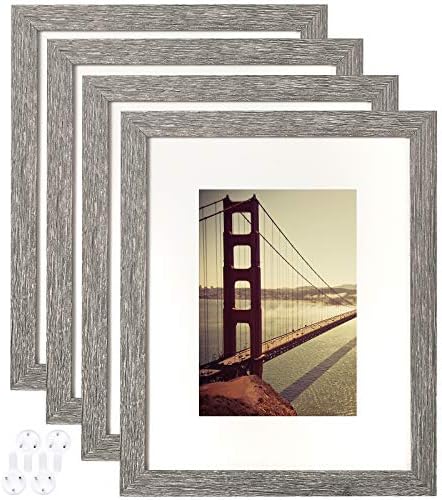 BAIJIALI 8x10 Picture Frame Rustic Grey Wood Pattern Set of 4 with Tempered Glass,Display Photos 5x7 with Mat or 8x10 Without Mat, Horizontal and Vertical Formats for Wall and Table Mounting