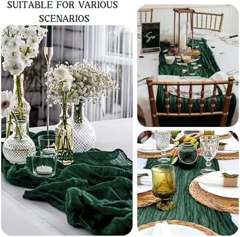 2 Pack 120 Inch Dark Green Cheesecloth Table Runner Boho Rustic Gauze Sheer Romantic 10 FT Long Cheese Cloth Table Runner for Bridal Baby Shower Wedding Party Birthday Holiday Home Easter Decor