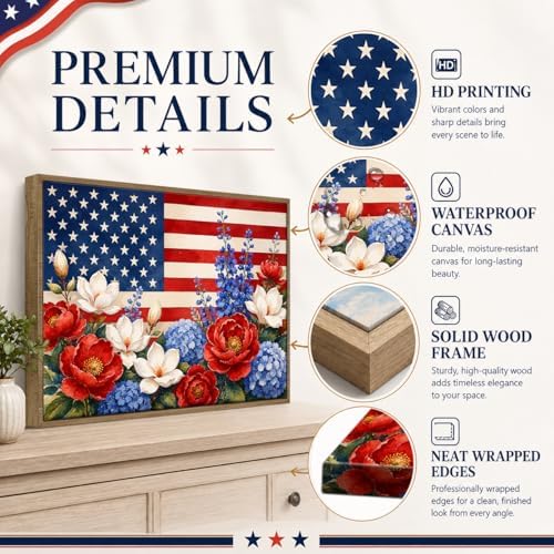 American Flag Framed Canvas Wall Art, 4th of July Floral Canvas Prints | Wildflower Landscape Poster Print, Vintage Rustic Independence Day Wall Decor for Bedroom Living Room Office 24×36in