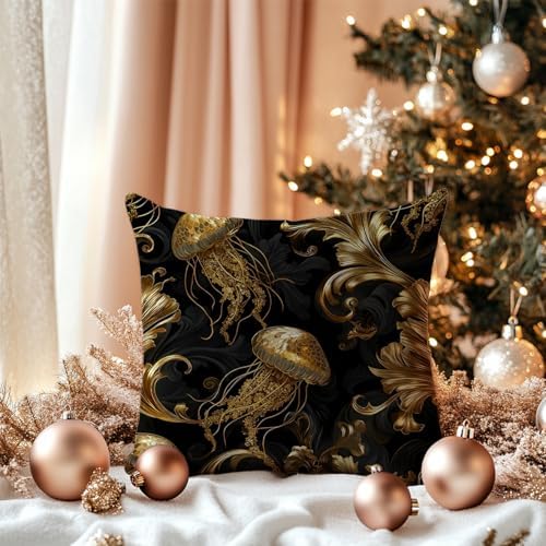 Vintage Baroque Jellyfish Black and Gold Throw Pillow Cover 18x18