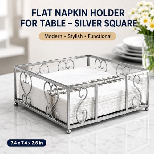 Flat Napkin Holder for Table, Silver Metal Weighted Paper Caddy