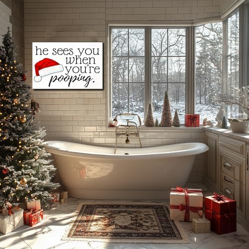FLZYKGPA Rustic Wall Hanging Sign He Sees You When You're Pooping - Funny Santa Claus Canvas Art 12x18in, Farmhouse Christmas Decor for Home, Bedroom, Holiday Wall Art, Christmas Room Decor