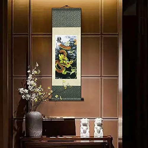 AtfArt Chinese Landscape Painting Asian Wall Art Silk Scroll Painting Chinese Dragon Decoration Scroll Wall Five Paws Golden Dragon Decor Posters for Room Aesthetic Gallery Wall 36.2 x 12 in(L1)