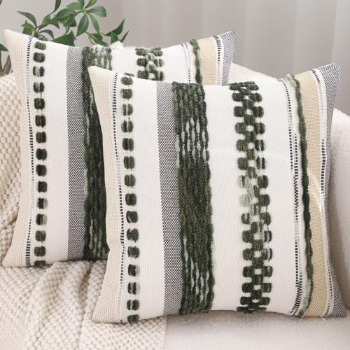 Boho Throw Pillow Covers 18x18 Inch Set of 2 Dark Green
