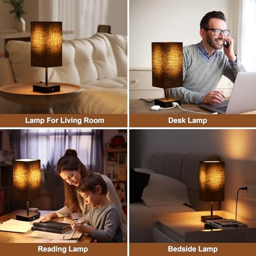 Bedside Table Lamp for Bedroom with 2 USB Ports, 14-Inch, Black