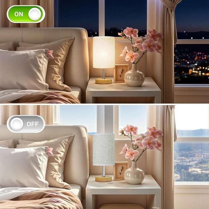 Small Table Lamp Set of 2, Bedside Lamp with 3000K Warm LED Bulb Included, Nightstand Lamp for Living Room Office Dorm Kids Room, Easy Assemble Minimalist Cream Shade & Wood Base(5W)