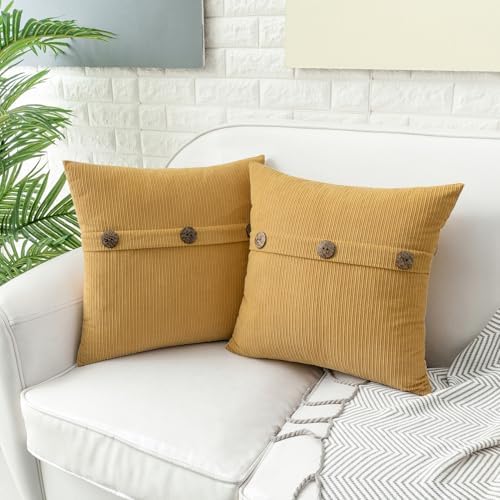 HWY 50 Mustard Yellow Chenille Throw Pillow Covers 18x18 Inch Buttons