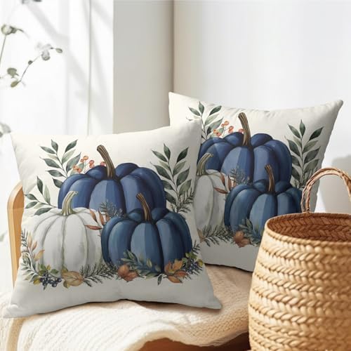 Pumpkins Throw Pillow Covers 24x24 inch 2 Packs Fall Blue and White Pumpkin Pillowcase Autumn Thanksgiving Vintage Outdoor Decorations Cotton Linen Cushion Cover for Home Bedroom Sofa Chair