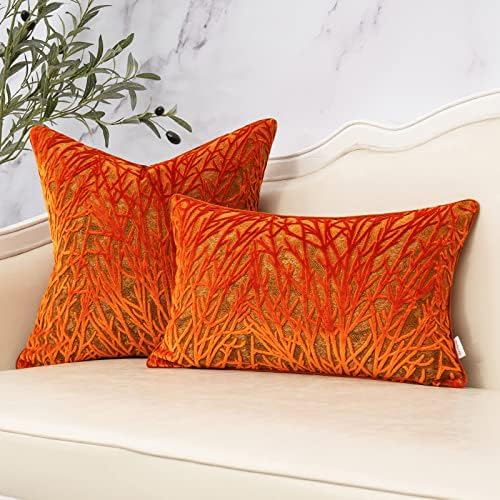 Yangest Orange Throw Pillow Cover Velvet Cushion Cover Branches Rectangular Pillowcase for Sofa Couch Bedroom Living Room, 12x20 Inch