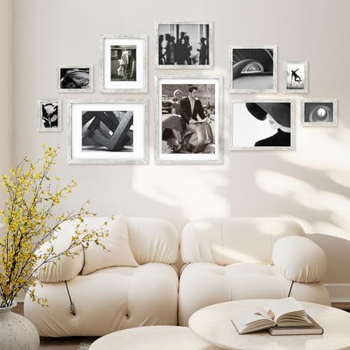 Egofine 12x16 Picture Frames Set of 4, Made of Solid Wood Covered by Plexiglass 9x12 and 11x14 with Mat or 12x16 without Mat, for Wall Mounting Photo Frame Driftwood White