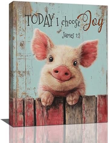 Farmhouse Pig Wall Decor Funny Pig Canvas Wall Art Rustic Pictures Painting Vintage Farm Animal Home Decoration Artwork Framed Gifts for Women Girl Living Room Bedroom Bathroom Office 12"x16"