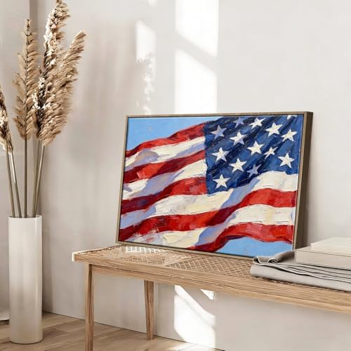 American Flag Framed Canvas Wall Art, 4th of July Patriotic Canvas Prints | USA Flag with Picture Poster Print, Modern Independence Day Wall Decor for Bedroom Living Room Office 24×32in