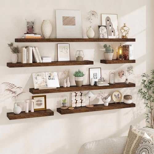 Fun Memories 60 Inch Fireplace Mantel - Long Floating Shelf, Wall Mounted Farmhouse Display with Invisible Heavy Duty Metal Bracket, Brown, 2 Pack