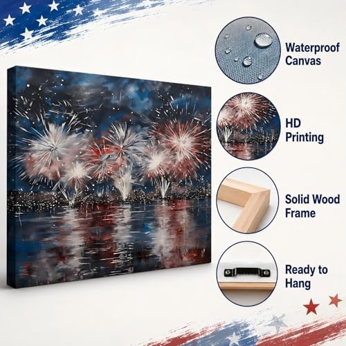 Patriotic 4th of July Fireworks Framed Canvas Wall Art, Red White Blue City Night Skyline Painting, Independence Day Holiday Decor for Living Room, Bedroom, Kitchen and Home Decoration