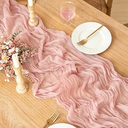 3Pcs Pink Cheesecloth Table Runner, 10FT Dusty Pink Boho Gauze Table Runner for Spring Easter Girl Baby Shower Bridal Shower Wedding Tea Party Pink Birthday Decorations