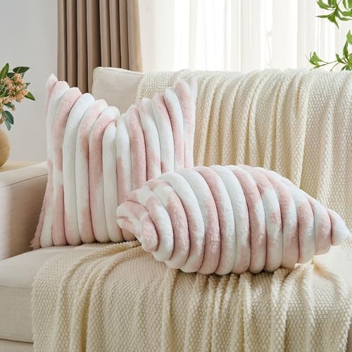 FUTEI Pack of 2 Faux Fur Throw Pillow Covers 20x20 Inch, Pink White