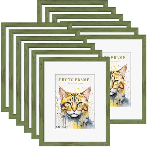Picrit 8.5x11 Picture Frame Set of 12, Gallery Wall Frames, Green Wood