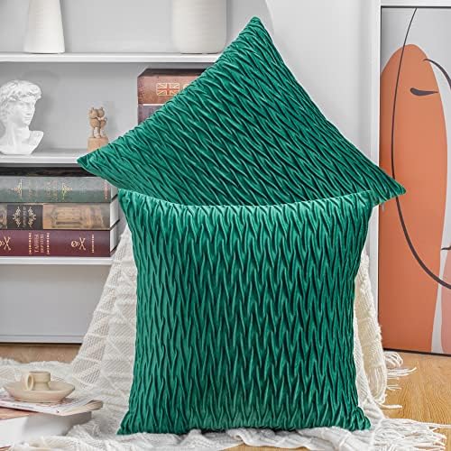MADIZZ Set of 2 Super Soft Velvet Decorative Throw Pillow Covers 18x18 inch Green Square with Texture Luxury Style Cushion Case Pillow Shell for Sofa Bedroom