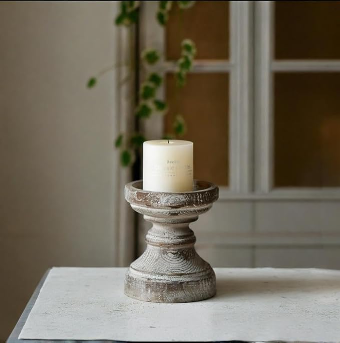 SOFE Wood Pillar Candle Holder, Handmade Farmhouse Candle Holders 6“ Tall