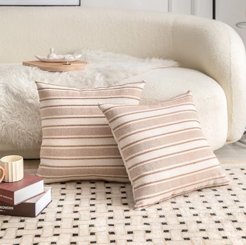 Cethom Decorative Boho Throw Pillow Covers, Farmhouse Textured Pillow Case, 22 x 22 Inch Set of 2, Chair Sofa Bedroom Living Room Home Decor Couch Cushion Case, Brown and Beige Striped