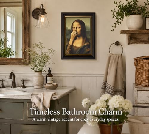 CXKAWM Brown Framed Funny Mona Lisa Holding Nose Bathroom Wall Art 12x16in | Mona Lisa Bathroom Wall Decor Picture Humor Amusing Toilet Poster Print for Restroom Bathroom Home decoration