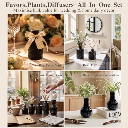 Black Glass Bud Vase Set of 14 Pcs,Small Bud Vases in Bulk,Glass Crystal Flower Vases Table Centerpieces for Party Event Wedding Decor Baby Shower Decorations (Classic Black, 14 Pcs)