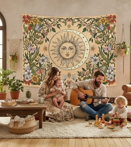 Accnicc Boho Sun and Moon Tapestry Vintage Floral Wall Tapestry for Bedroom Aesthetic Beige Celestial Plant Flower Butterfly Large Tapestries Wall Hanging for Living Room Dorm 80 x 60 Inch