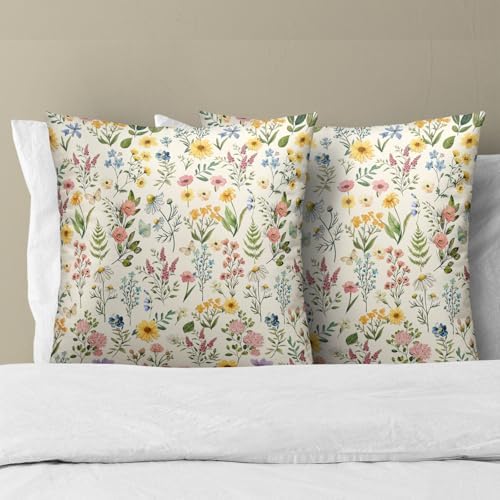 Watercolor Wildflower Pillow Covers 16x16 Inch Set of 2 Floral and Butterfly Throw Pillow Cases Spring Summer Flowers Decorative Cushion Covers for Couch Bed Sofa Home Decor