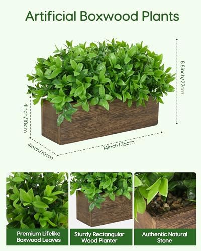 Velener 14" Artificial Boxwood Plants Indoor Centerpiece for Dining Room, Fake Plants in Rustic Rectangular Wooden Planter Box, Farmhouse Faux Plants for Mantel/Kitchen/Bathroom/Coffee Table Decor