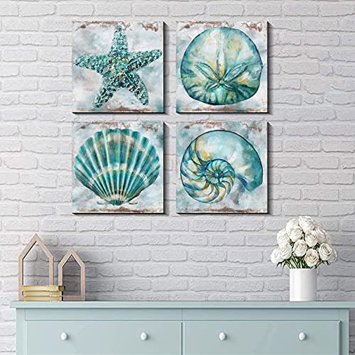 Teal Conch Canvas Wall Art Bathroom Decor Rustic Beach Watercolor Aqua Starfish Prints Pictures Vintage Shell Laundry Painting Poster 4 Pcs Set Modern Beach Theme Bedroom Framed Artwork 24 x 24 Inches