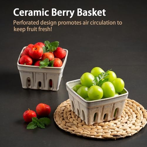 Ceramic Berry Basket, 4.2 in Square Set of 2 with Side Drain Holes