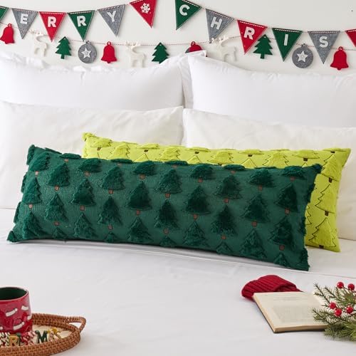 Kevin Textile Christmas Tree 14x36 Inch Long Lumbar 1 Pack Luxury Embroidery Soft Plush Faux Fur Rectangle Cushion Case for Couch Sofa Holiday Festivals Winter Xmas Gift, Dark Green