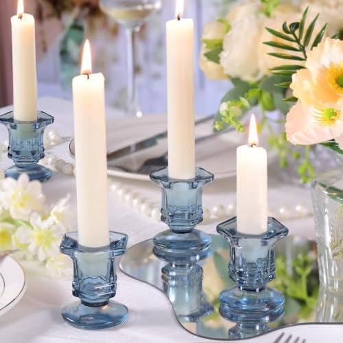 Lanttu 12 Pcs Blue Candlestick Holders Bulk, Glass Candle Holders Set