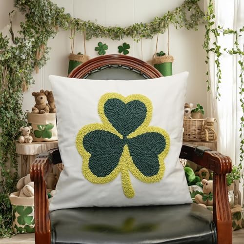 GEEORY St. Patrick's Day Decorations Pillow Covers - 18x18 Cotton Embroidered Shamrock Farmhouse Cushion Case for Sofa & Bed GX014-1-18