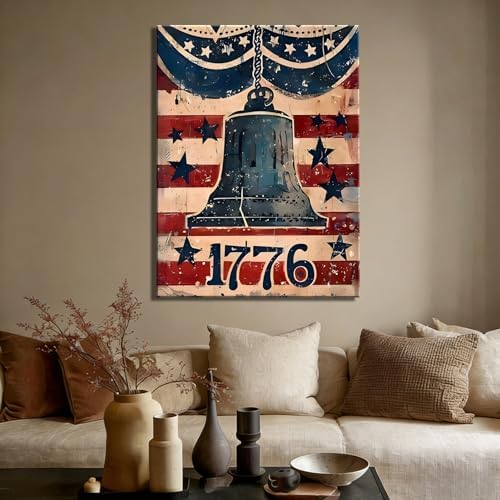 RIBNTAK Made in USA Rustic 1776 Liberty Bell with American Flag Canvas, Retro Patriotic Sign Artwork for 4th of July, Independence Day, Memorial Day Home Decoration
