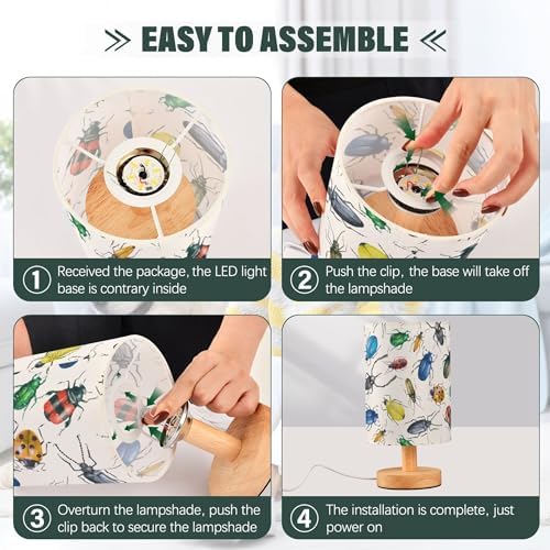 Table Lamp Watercolor Insect Beetle Pattern Nightstand Lamp with Wood Base Fabric Lamp Shade Bedside Desk Lamp for Living Room Bedroom Kids Room Office